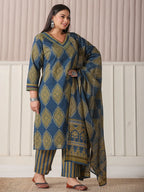 Yufta Blue Block Print Cotton Lace Work Plus Size Kurta Set With Pant & Dupatta