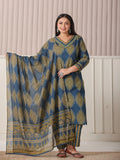 Yufta Blue Block Print Cotton Lace Work Plus Size Kurta Set With Pant & Dupatta