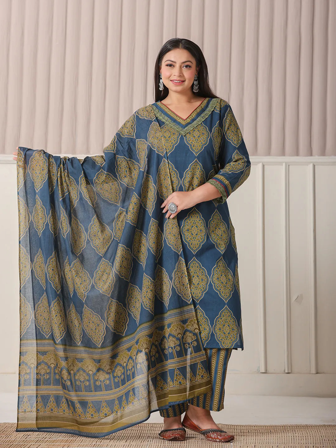 Yufta Blue Block Print Cotton Lace Work Plus Size Kurta Set With Pant & Dupatta