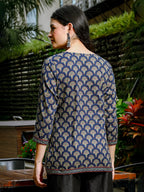 Yufta Blue Cotton Abstract Print Regular Top