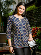 Yufta Blue Cotton Abstract Print Regular Top