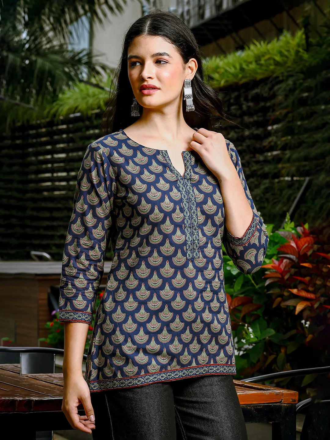 Yufta Blue Cotton Abstract Print Regular Top