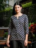 Yufta Blue Cotton Abstract Print Regular Top