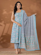 Yufta Blue Cotton Anarkali Square Neck Kurta Dupatta Set