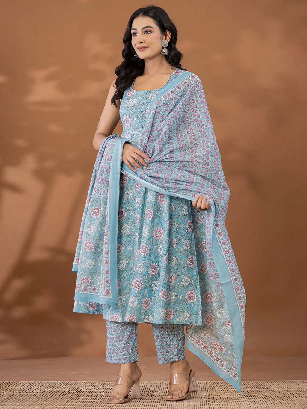 Yufta Blue Cotton Anarkali Square Neck Kurta Dupatta Set