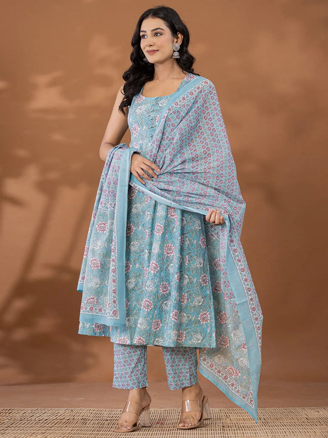 Yufta Blue Cotton Anarkali Square Neck Kurta Dupatta Set