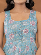 Yufta Blue Cotton Anarkali Square Neck Kurta Dupatta Set