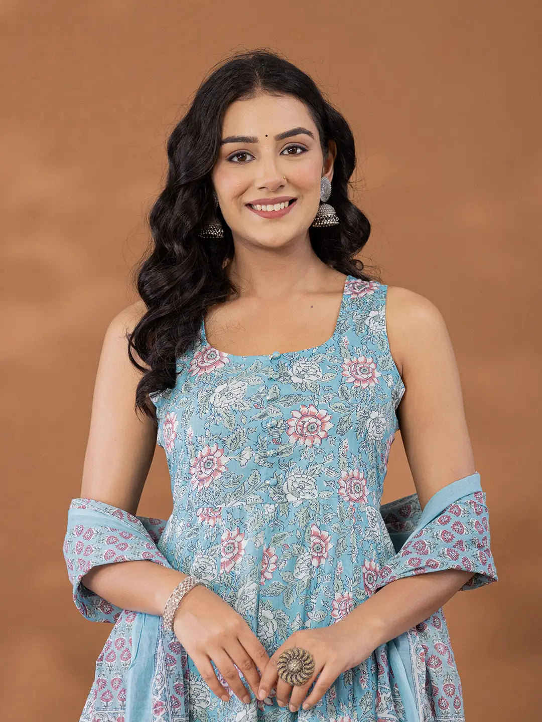 Yufta Blue Cotton Anarkali Square Neck Kurta Dupatta Set