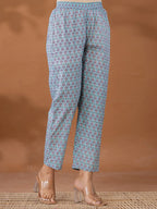 Yufta Blue Cotton Anarkali Square Neck Kurta Dupatta Set