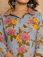 Yufta Blue Cotton Floral Print Striped Print Co-Ord Set