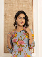 Yufta Blue Cotton Floral Print Striped Print Co-Ord Set