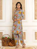 Yufta Blue Cotton Floral Print Striped Print Co-Ord Set