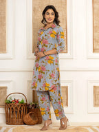 Yufta Blue Cotton Floral Print Striped Print Co-Ord Set