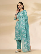 Yufta Blue Embroidered Straight Kurta Trouser And Dupatta Set