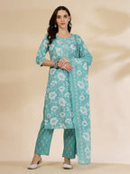 Yufta Blue Embroidered Straight Kurta Trouser And Dupatta Set