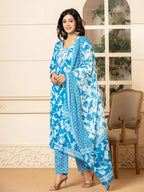 Yufta Blue Embroidery Cotton Straight Kurta Dupatta Set