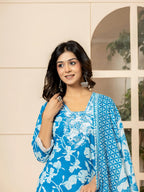 Yufta Blue Embroidery Cotton Straight Kurta Dupatta Set