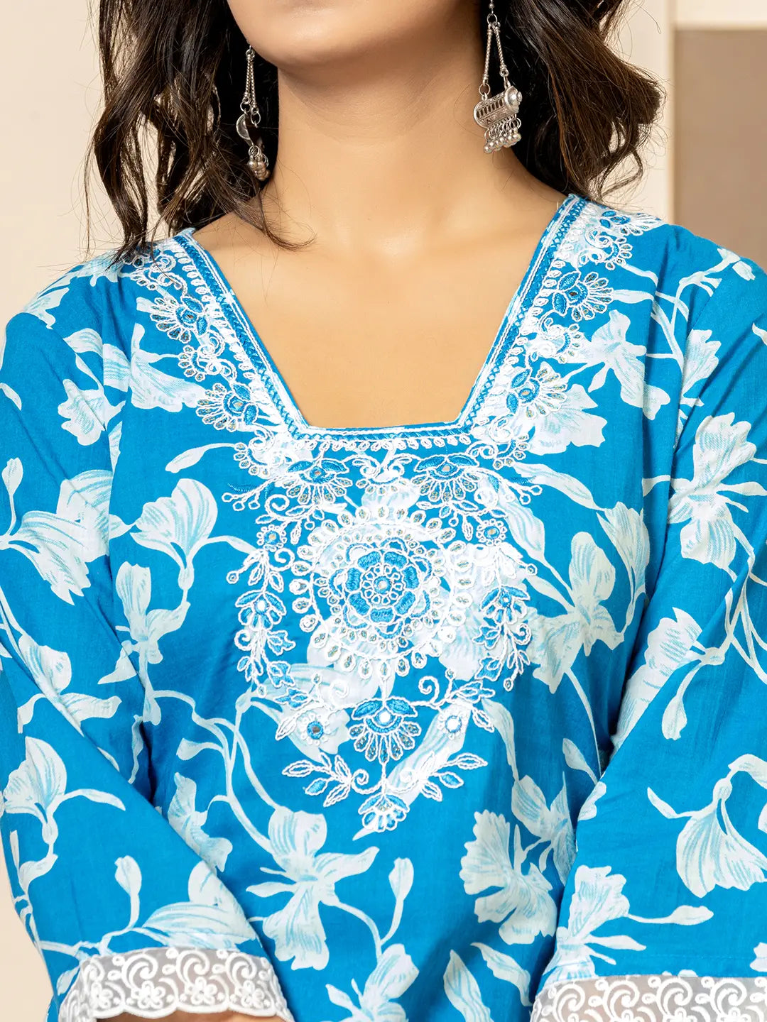 Yufta Blue Embroidery Cotton Straight Kurta Dupatta Set