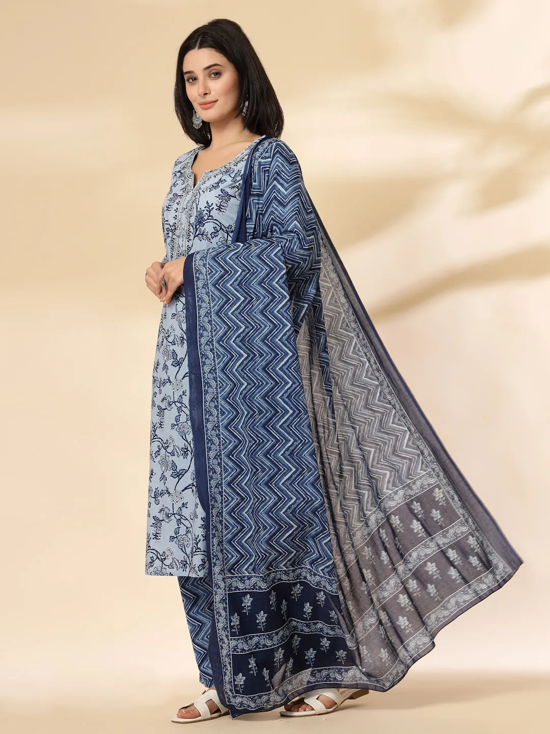Yufta Blue Floral Sequins-Work Pure Cotton Kurta Dupatta Pant Set - Distacart