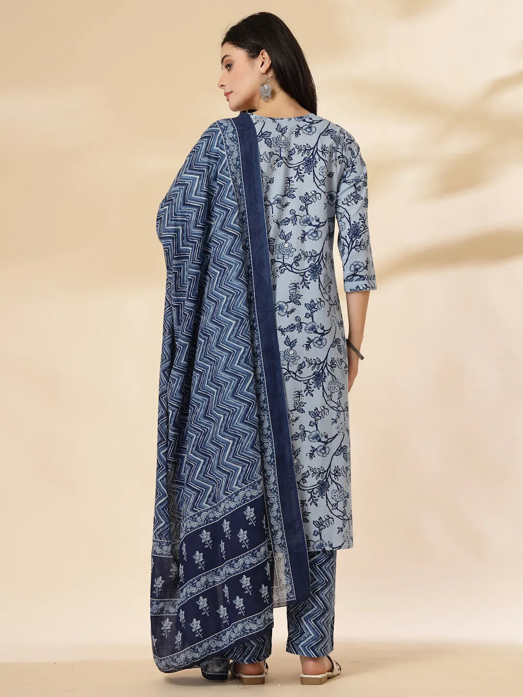 Yufta Blue Floral Sequins-Work Pure Cotton Kurta Dupatta Pant Set - Distacart