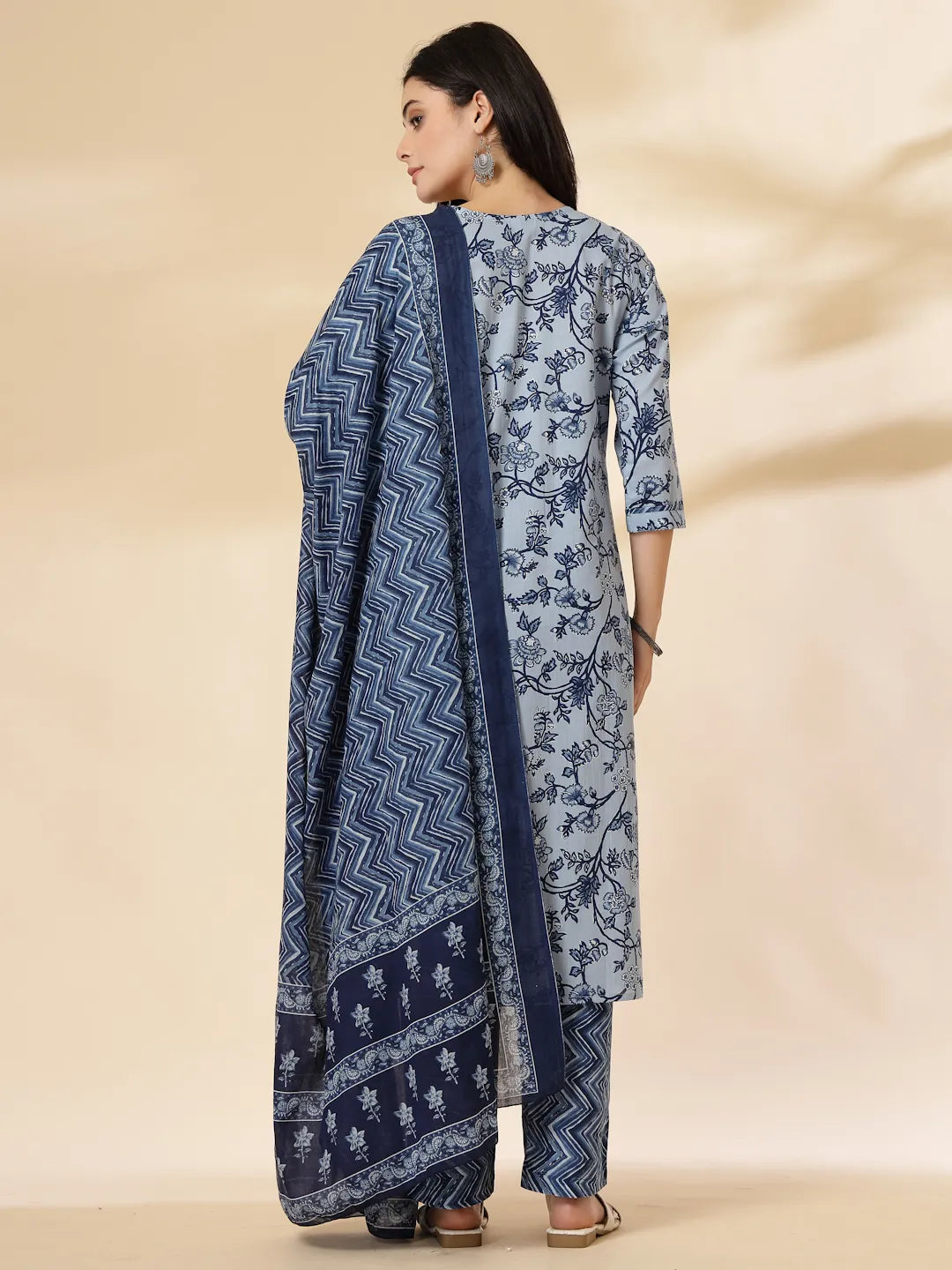 Yufta Blue Floral Sequins-Work Pure Cotton Kurta Dupatta Pant Set - Distacart