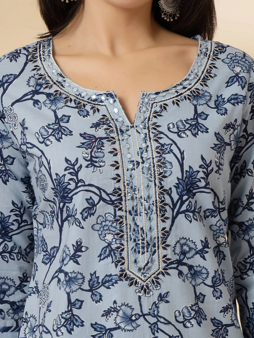 Yufta Blue Floral Sequins-Work Pure Cotton Kurta Dupatta Pant Set - Distacart
