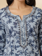 Yufta Blue Floral Sequins-Work Pure Cotton Kurta Dupatta Pant Set - Distacart