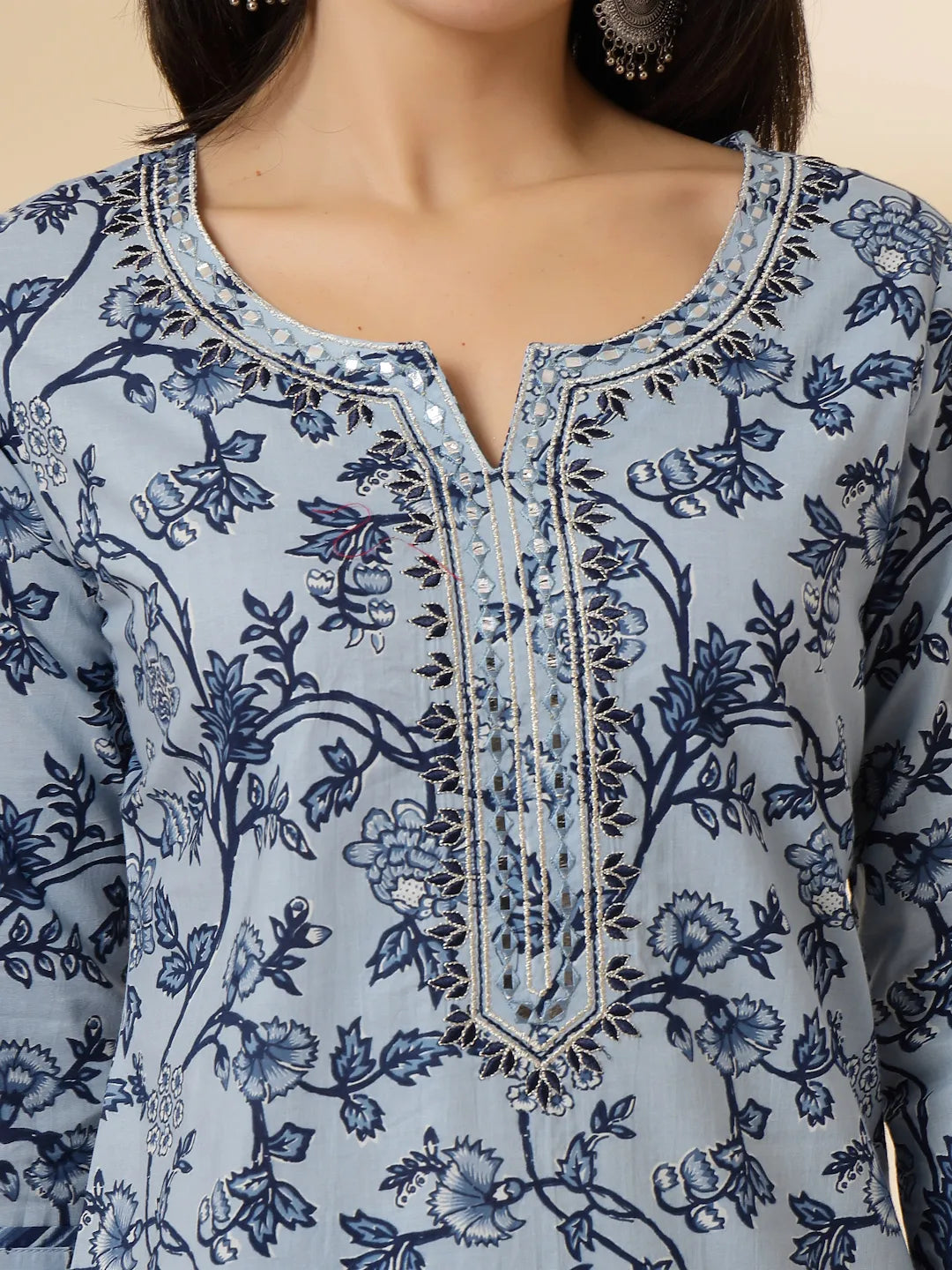 Yufta Blue Floral Sequins-Work Pure Cotton Kurta Dupatta Pant Set - Distacart