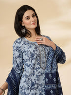 Yufta Blue Floral Sequins-Work Pure Cotton Kurta Dupatta Pant Set - Distacart