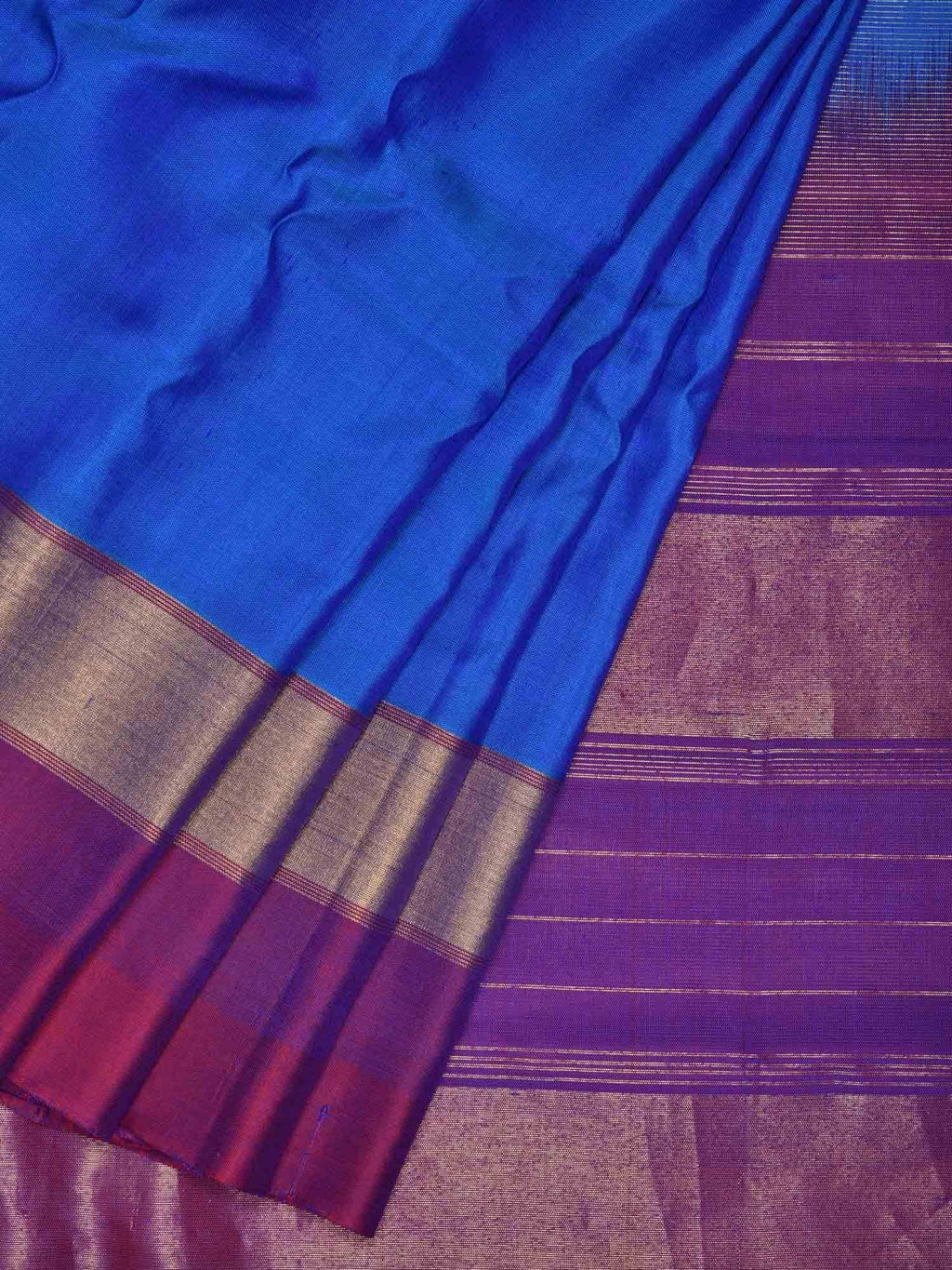Blue Gadwal Silk Handloom Saree with Strips Border Design - Global Threads