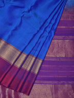 Blue Gadwal Silk Handloom Saree with Strips Border Design - Global Threads
