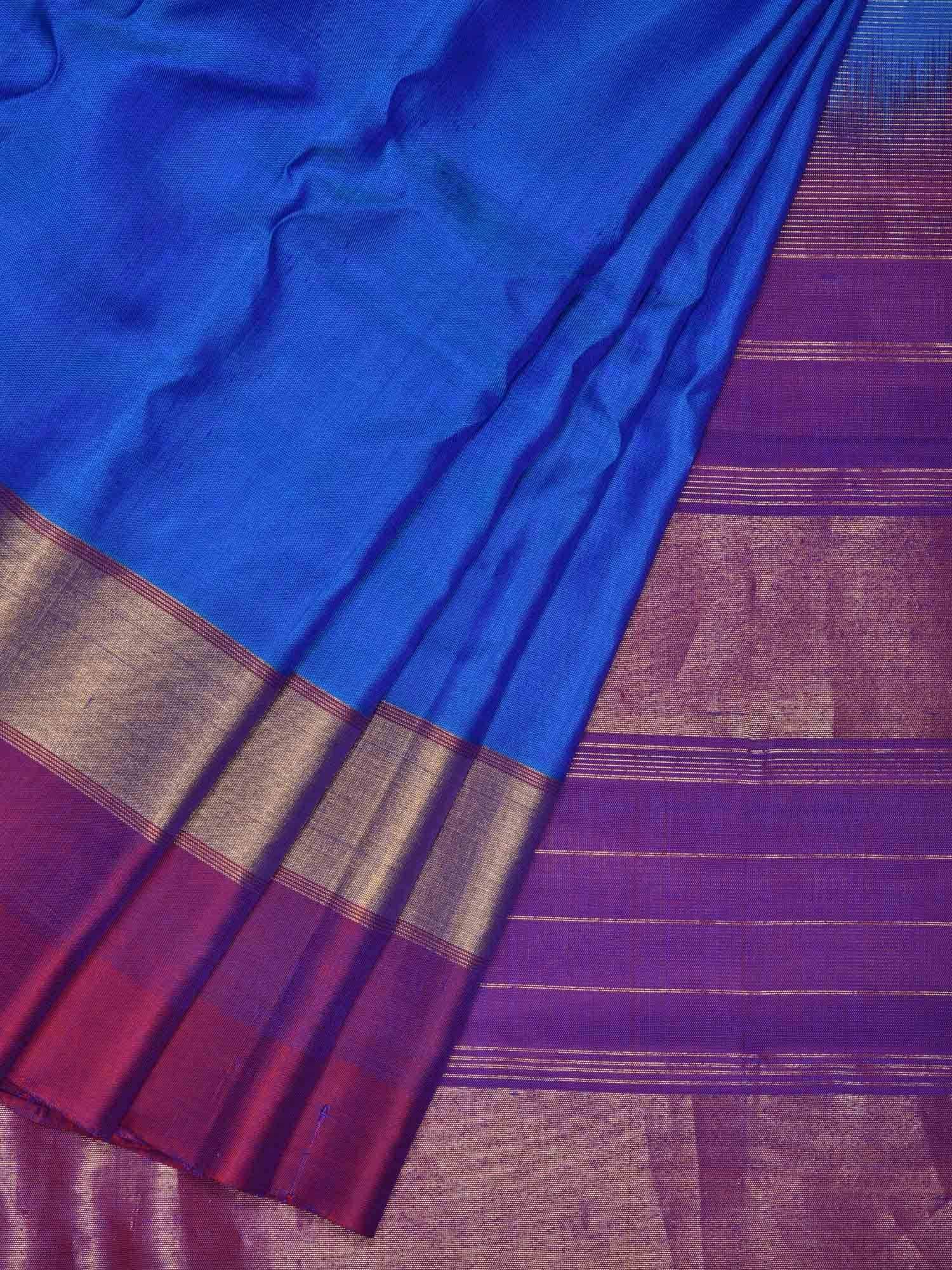 Blue Gadwal Silk Handloom Saree with Strips Border Design - Global Threads