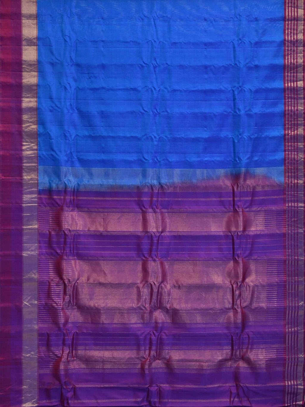 Blue Gadwal Silk Handloom Saree with Strips Border Design - Global Threads