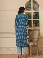 Yufta Blue Ikat Print Straight Strappy Kurta Trouser And Dupatta Set