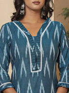 Yufta Blue Ikat Print Straight Strappy Kurta Trouser And Dupatta Set