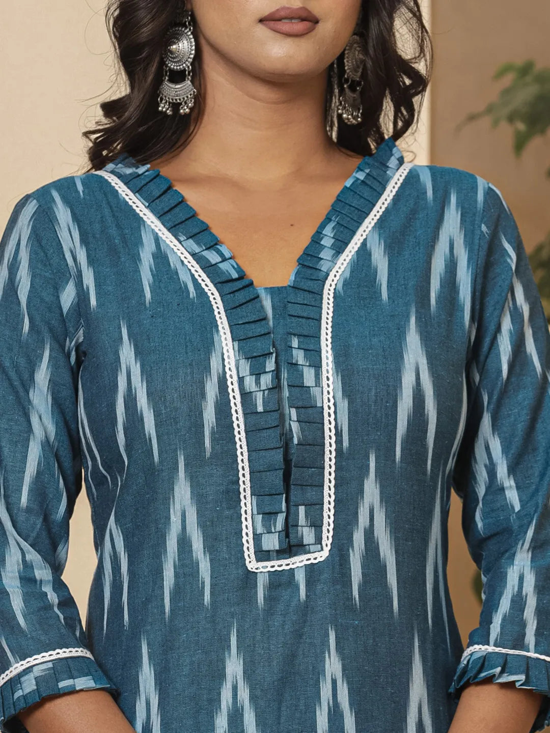 Yufta Blue Ikat Print Straight Strappy Kurta Trouser And Dupatta Set