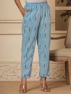 Yufta Blue Ikat Print Straight Strappy Kurta Trouser And Dupatta Set
