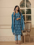 Yufta Blue Ikat Print Straight Strappy Kurta Trouser And Dupatta Set