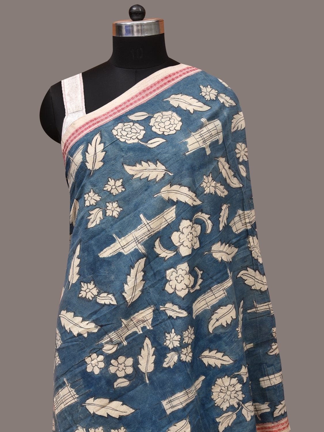 Blue Kalamkari Hand Painted Cotton Handloom Dupatta with Leaves and Doby Border Design - Global Threads