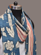 Blue Kalamkari Hand Painted Cotton Handloom Dupatta with Leaves and Doby Border Design - Global Threads