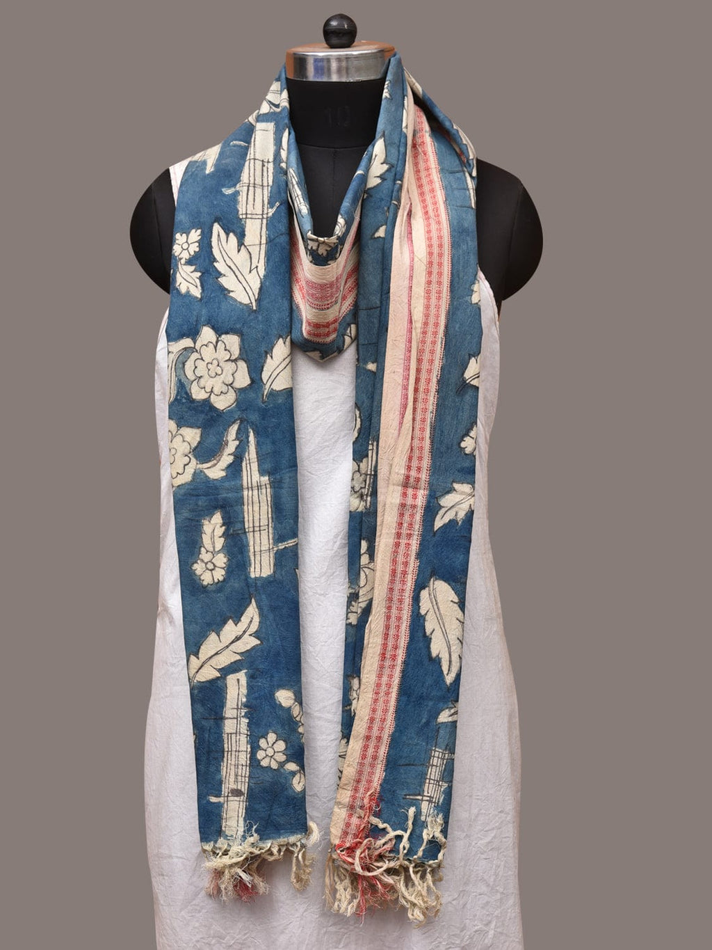 Blue Kalamkari Hand Painted Cotton Handloom Dupatta with Leaves and Doby Border Design - Global Threads