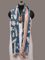 Blue Kalamkari Hand Painted Cotton Handloom Dupatta with Leaves and Doby Border Design - Global Threads
