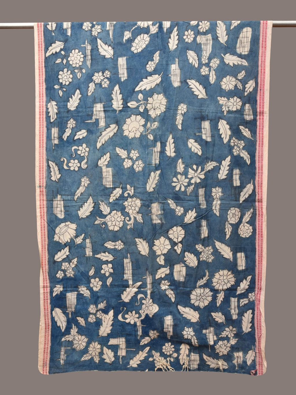 Blue Kalamkari Hand Painted Cotton Handloom Dupatta with Leaves and Doby Border Design - Global Threads