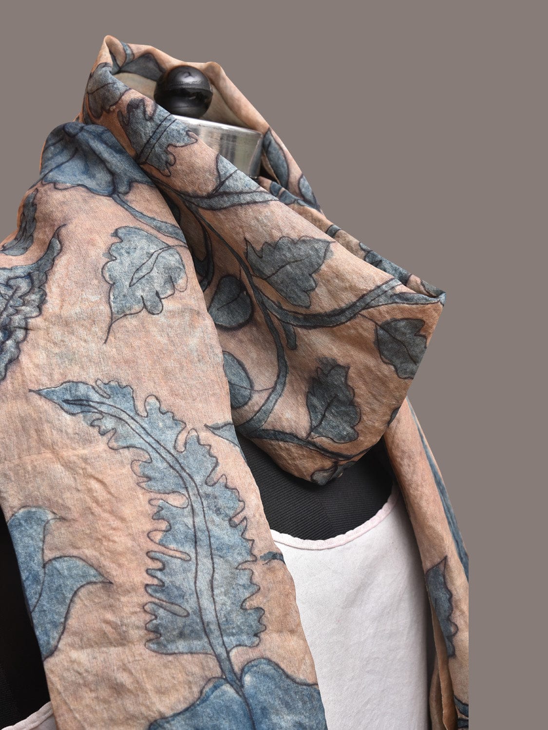Blue Kalamkari Hand Painted Tussar Dupatta with Floral Design - Global Threads