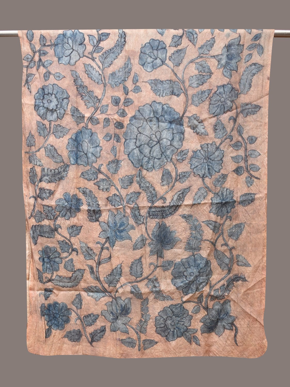 Blue Kalamkari Hand Painted Tussar Dupatta with Floral Design - Global Threads