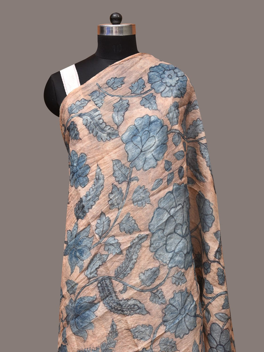Blue Kalamkari Hand Painted Tussar Dupatta with Floral Design - Global Threads