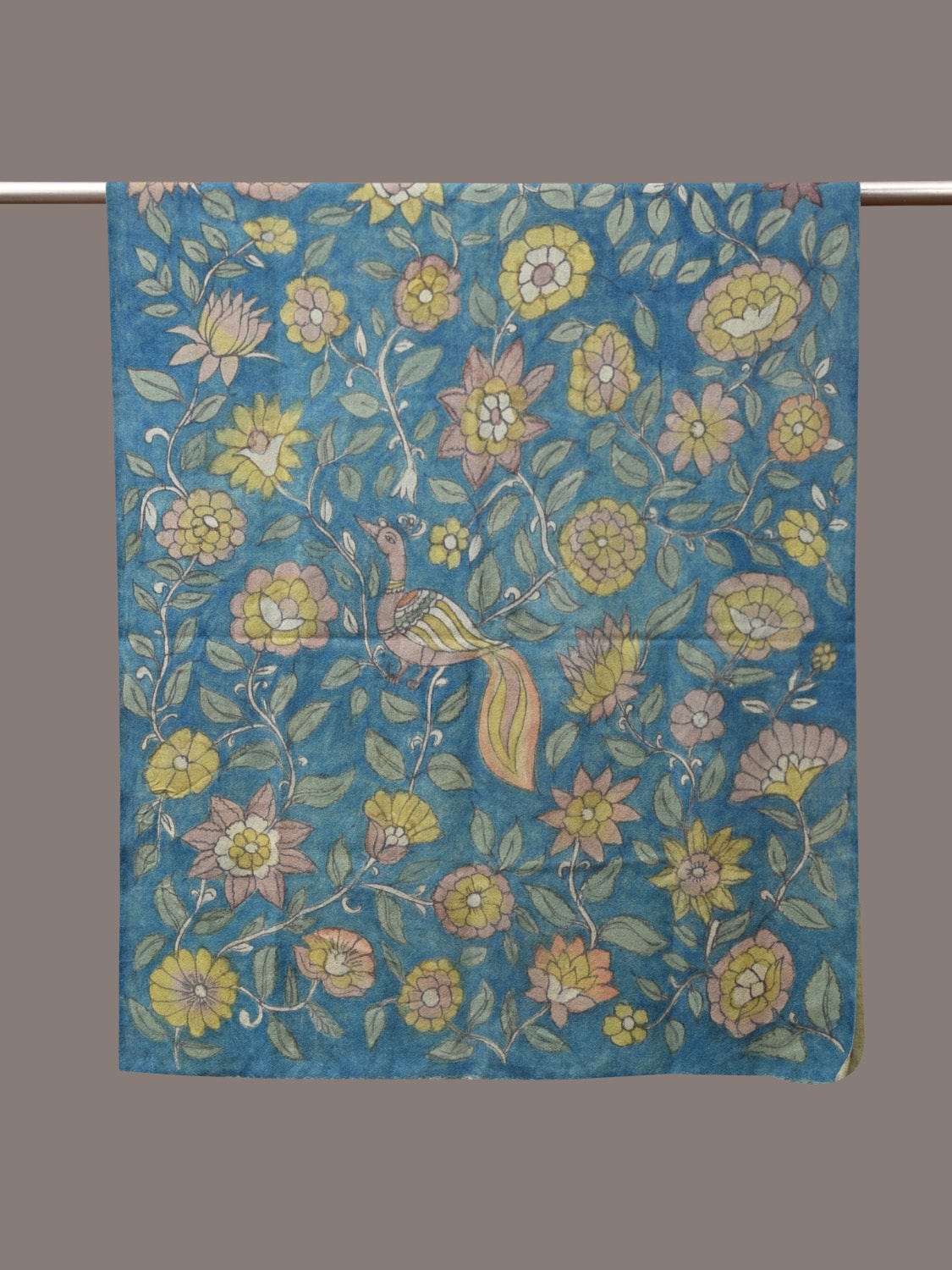 Blue Kalamkari Hand Painted Woolen Handloom Dupatta with Floral and Peacock Design - Global Threads