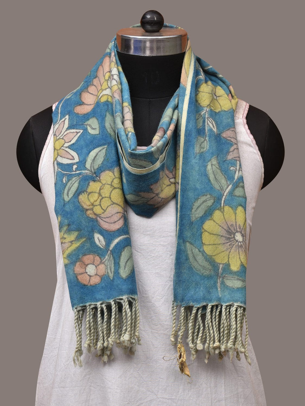 Blue Kalamkari Hand Painted Woolen Handloom Dupatta with Floral and Peacock Design - Global Threads