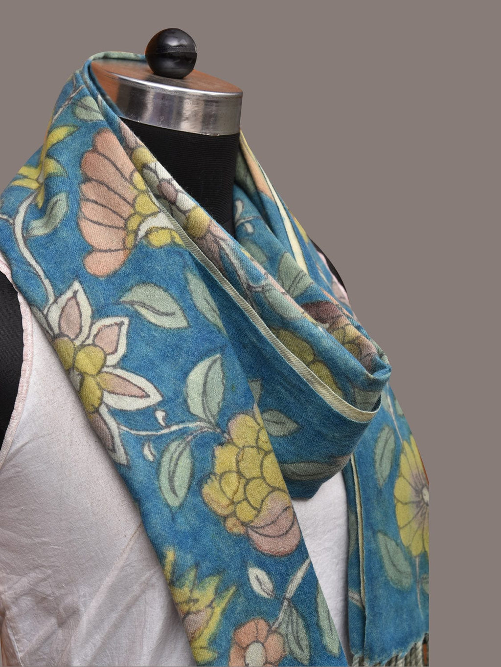 Blue Kalamkari Hand Painted Woolen Handloom Dupatta with Floral and Peacock Design - Global Threads