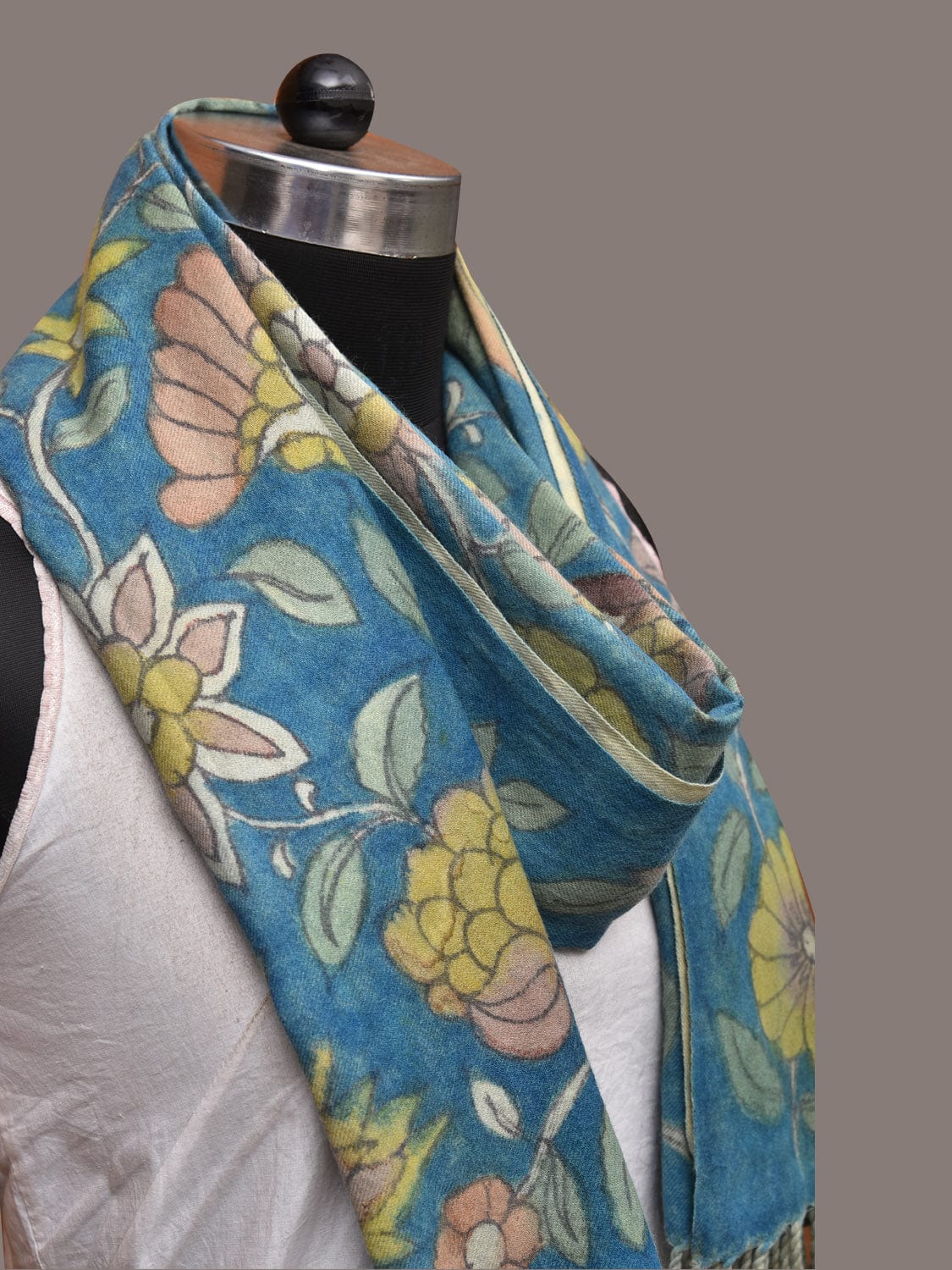 Blue Kalamkari Hand Painted Woolen Handloom Dupatta with Floral and Peacock Design - Global Threads
